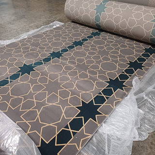 MECCA StarlitSanctuary™ Mosque Carpet: Gray Elegance with Islamic Stars