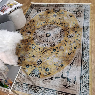 Area Rugs,Serica Museum Quality Faux Silk Yellow Medallion Distressed Area Rug,MUSALLA® Masjid Mosque Carpets Prayer Runner Rugs