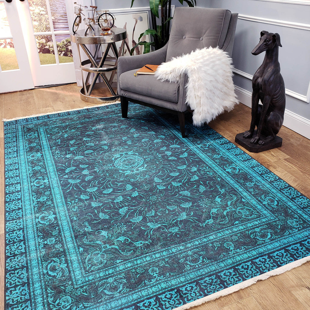 Serica Museum Quality Area Rug Faux Silk Aegean Blue – Mosque Carpet USA